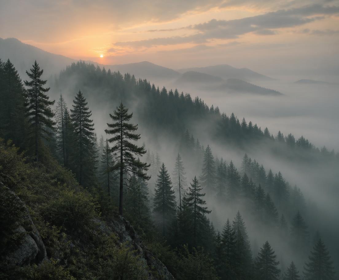 Generated foggy pine ridge at dawn