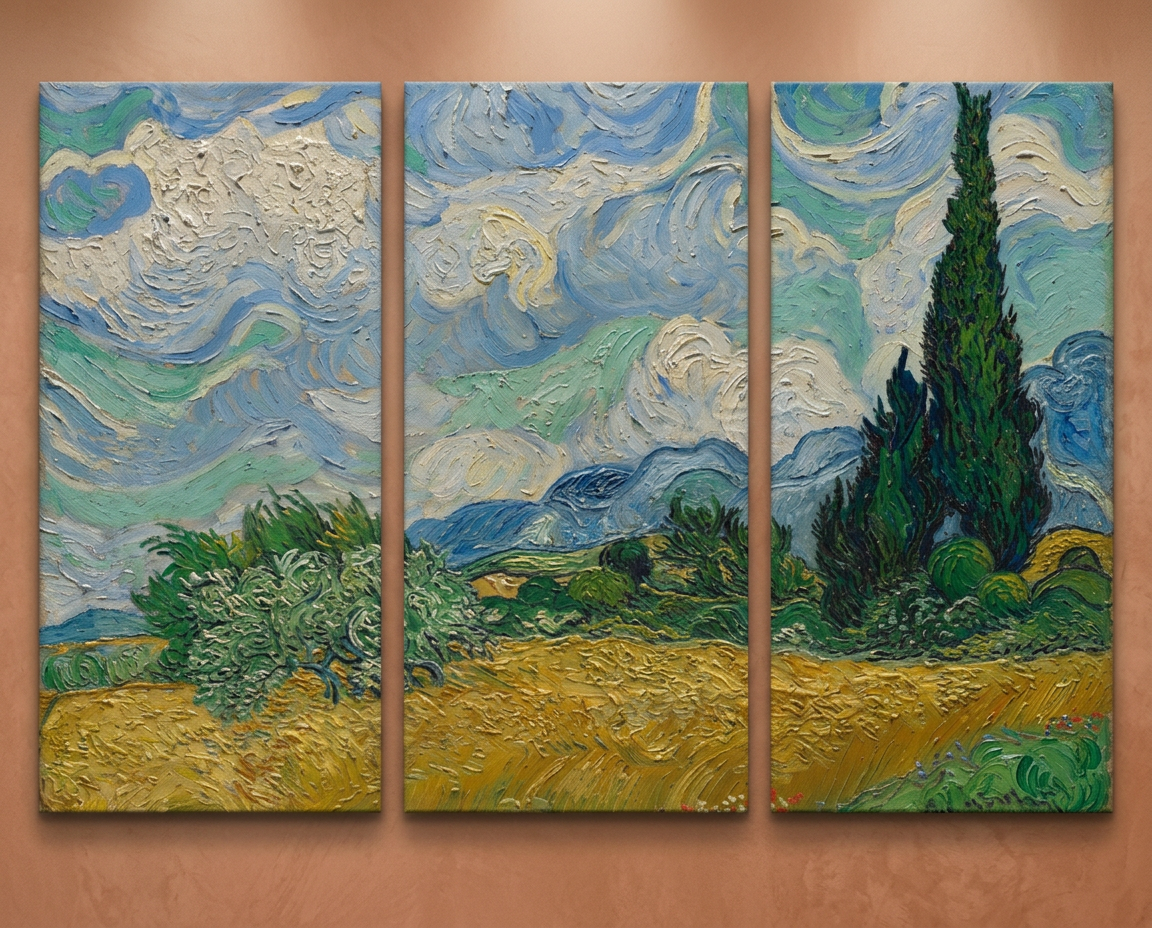 The same painting split across three canvas panels on a wall