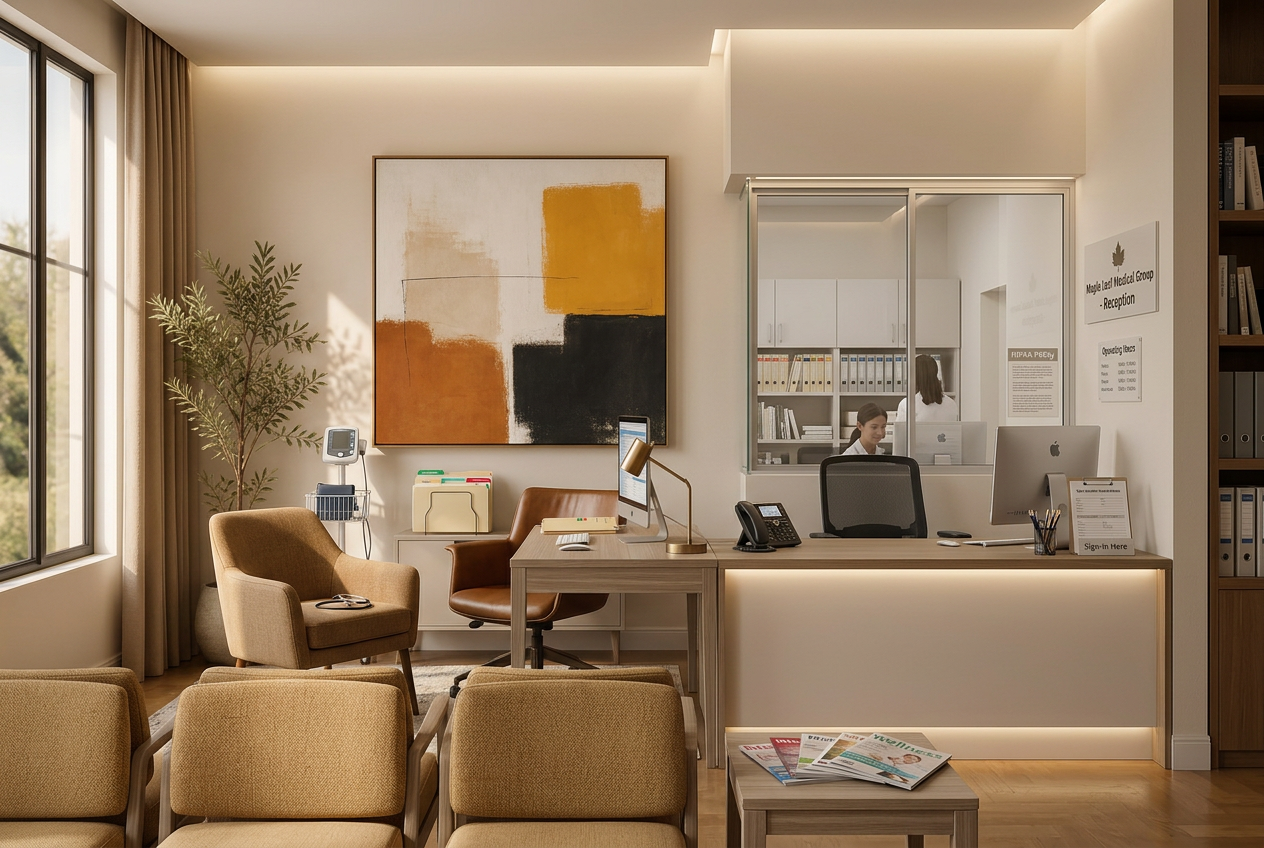 A framed abstract print hanging in a home office above a wooden desk