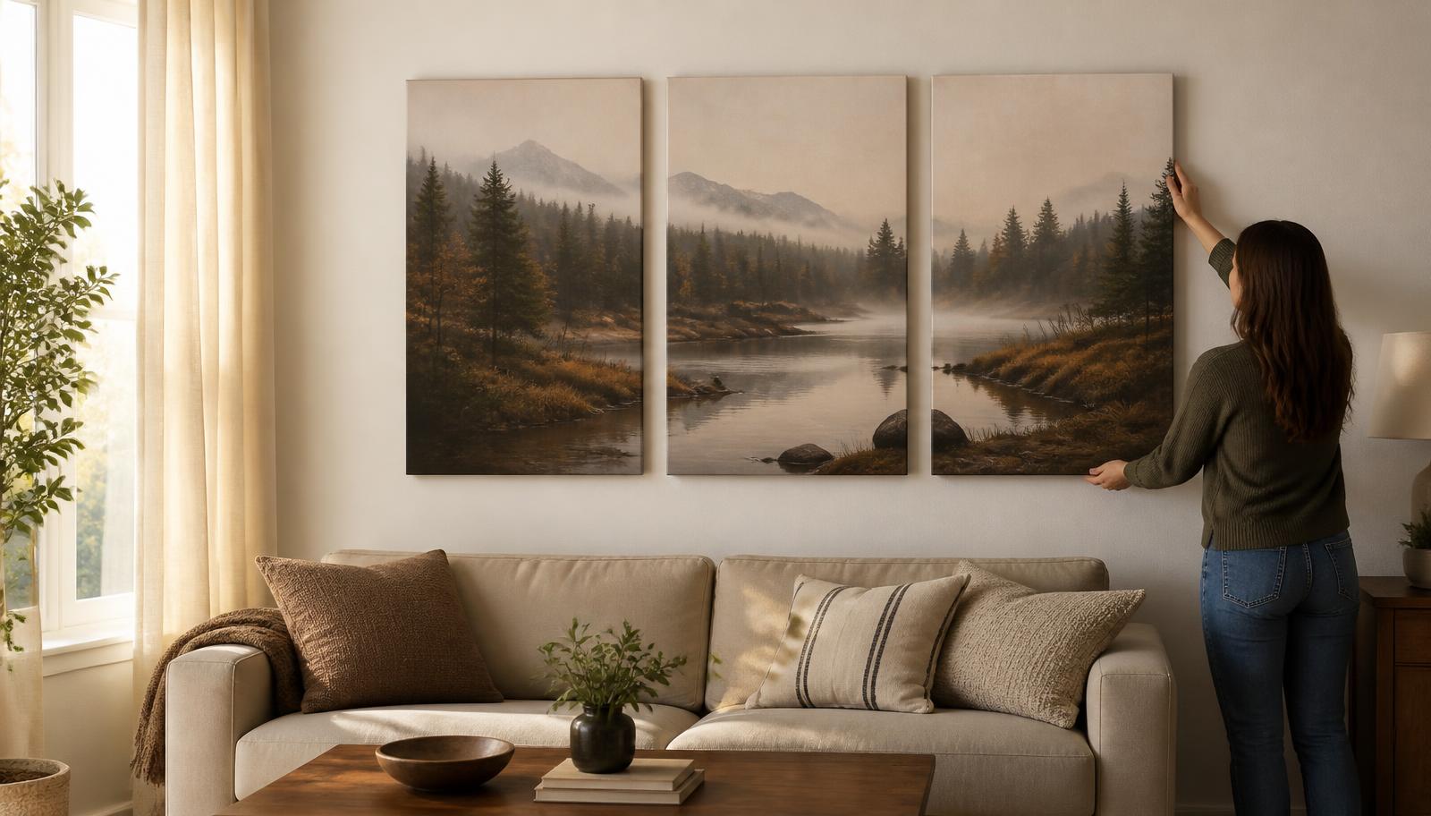 A three-panel canvas above a sofa, being adjusted by hand